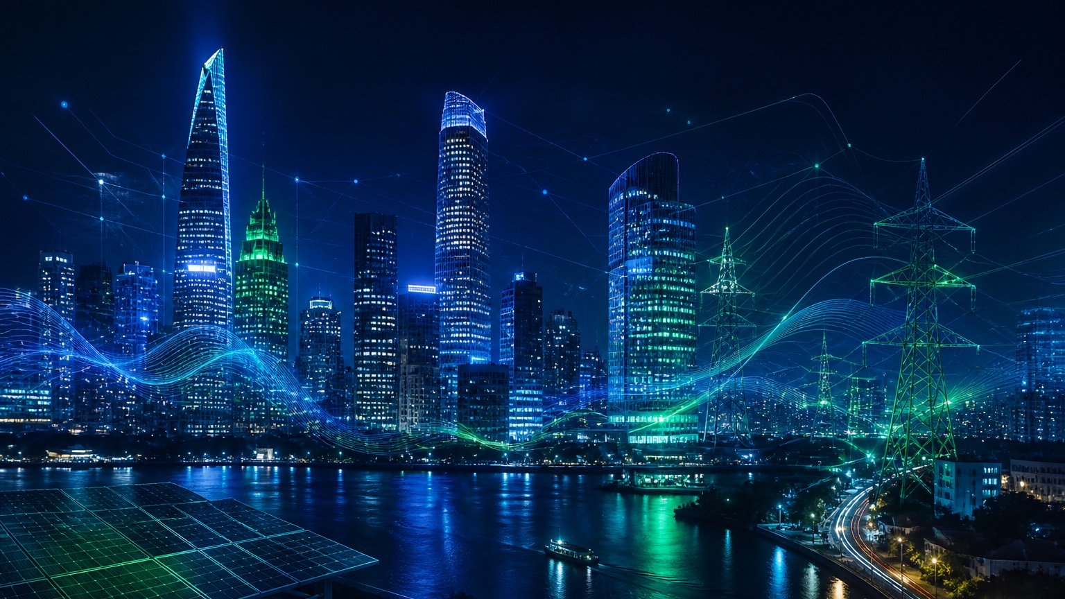 Abstract Southeast Asian city skyline at night blended with glowing energy-grid light trails