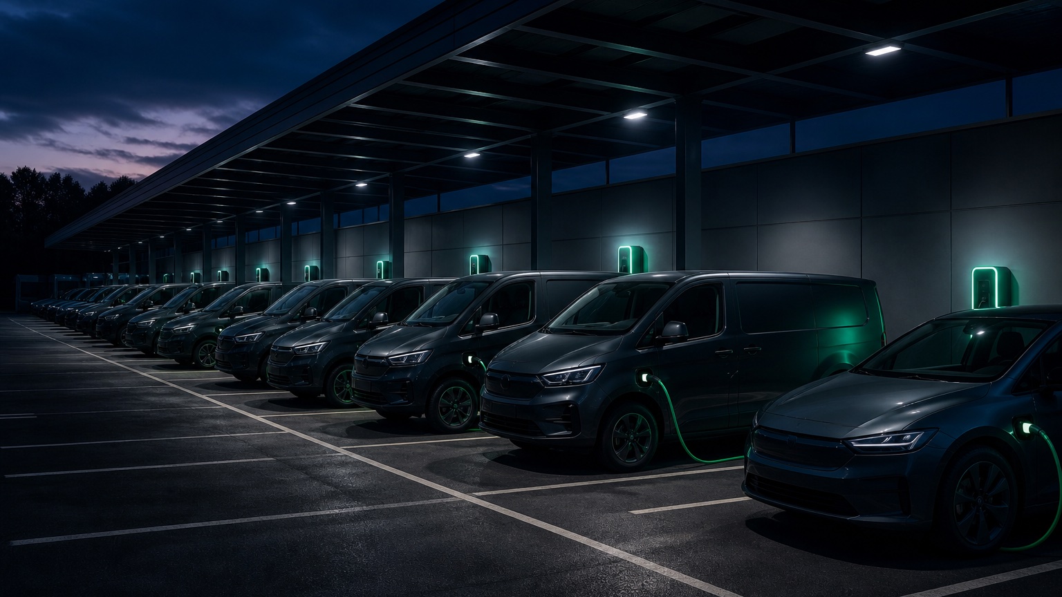 Commercial DC fast-charging bays outside a shopping mall at dusk, several vehicles charging