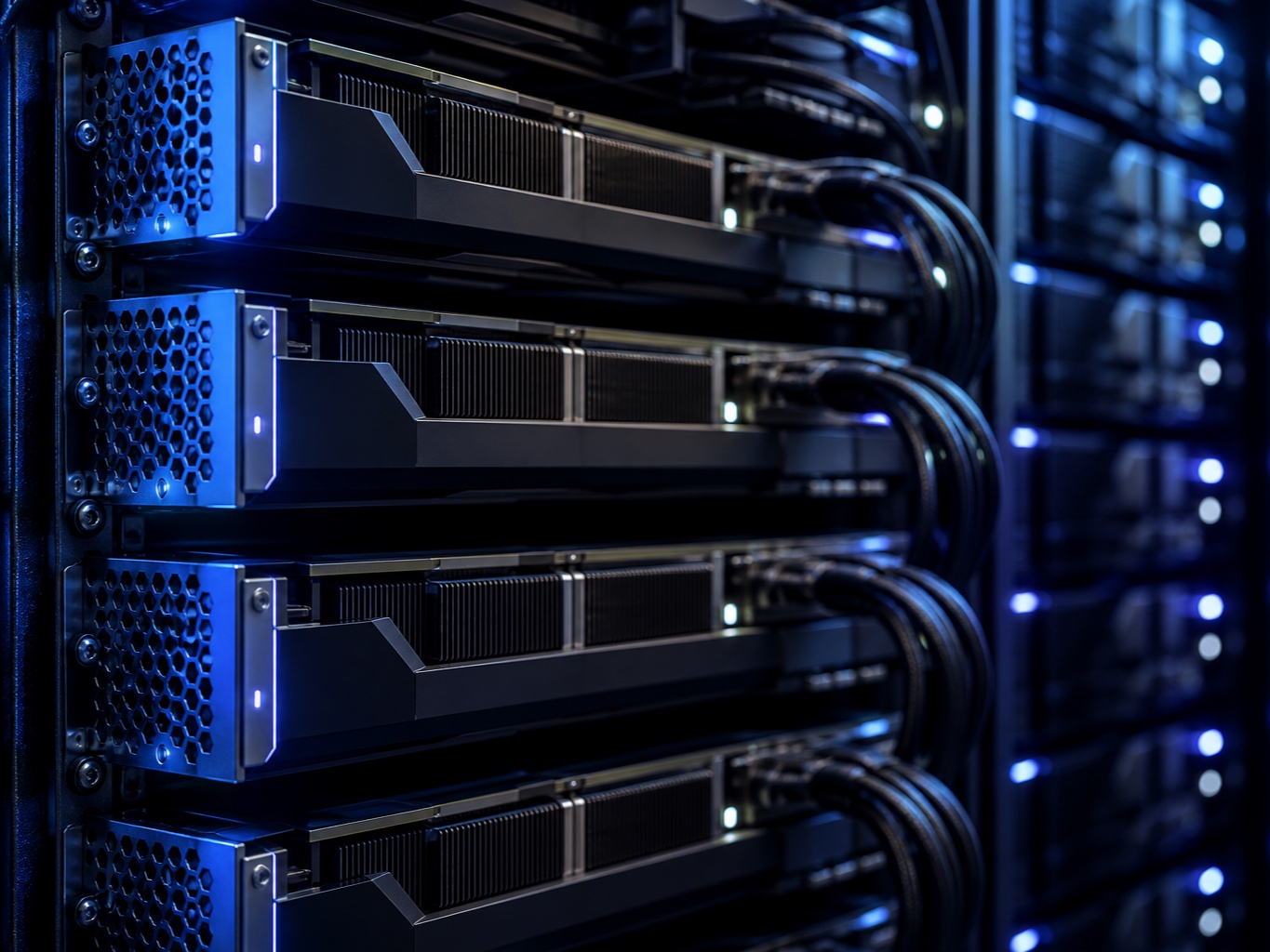 Close-up of a GPU server rack with glowing indigo and white status LEDs