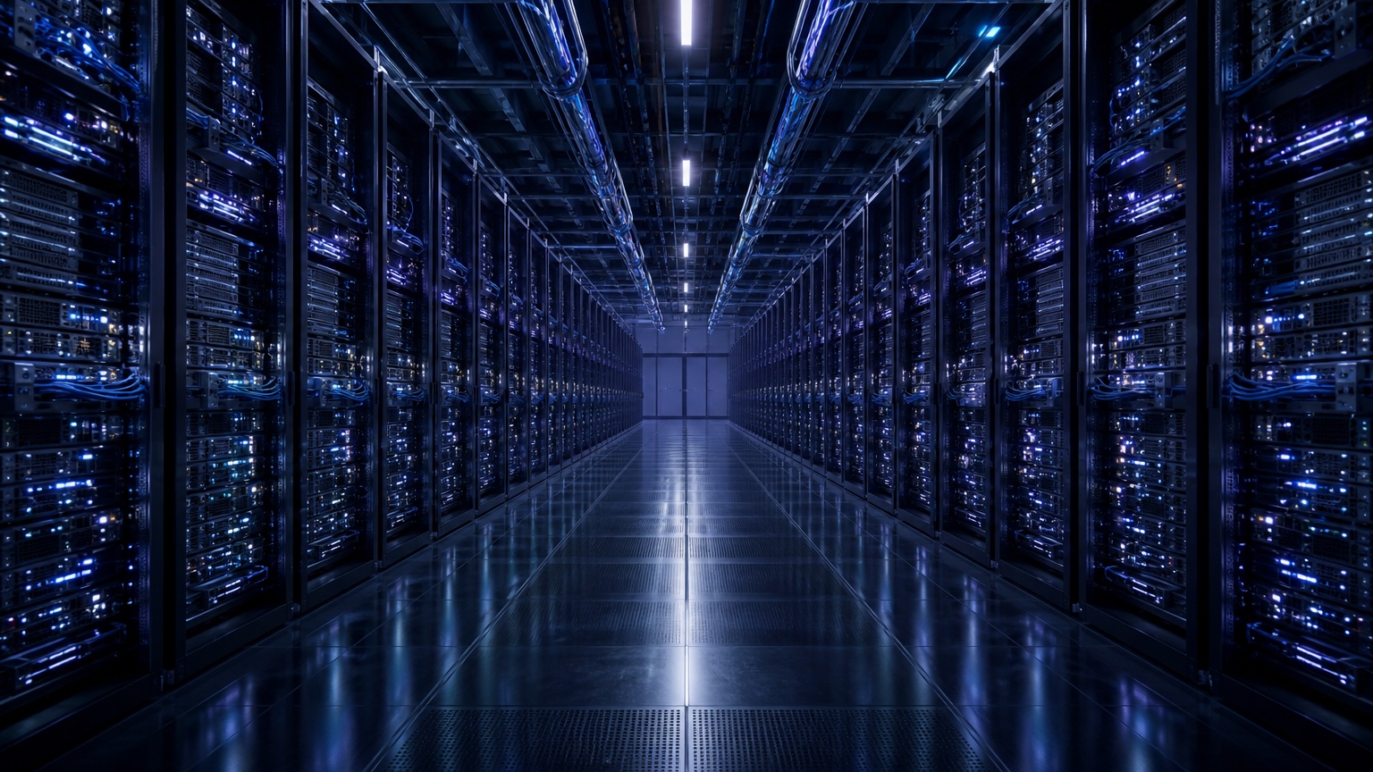 Modern GPU data center aisle with rows of server racks under cool indigo lighting