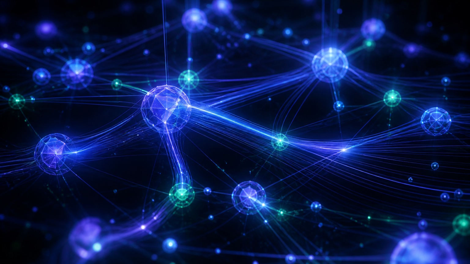 Abstract visualization of an AI workflow with glowing indigo nodes and flowing data connections